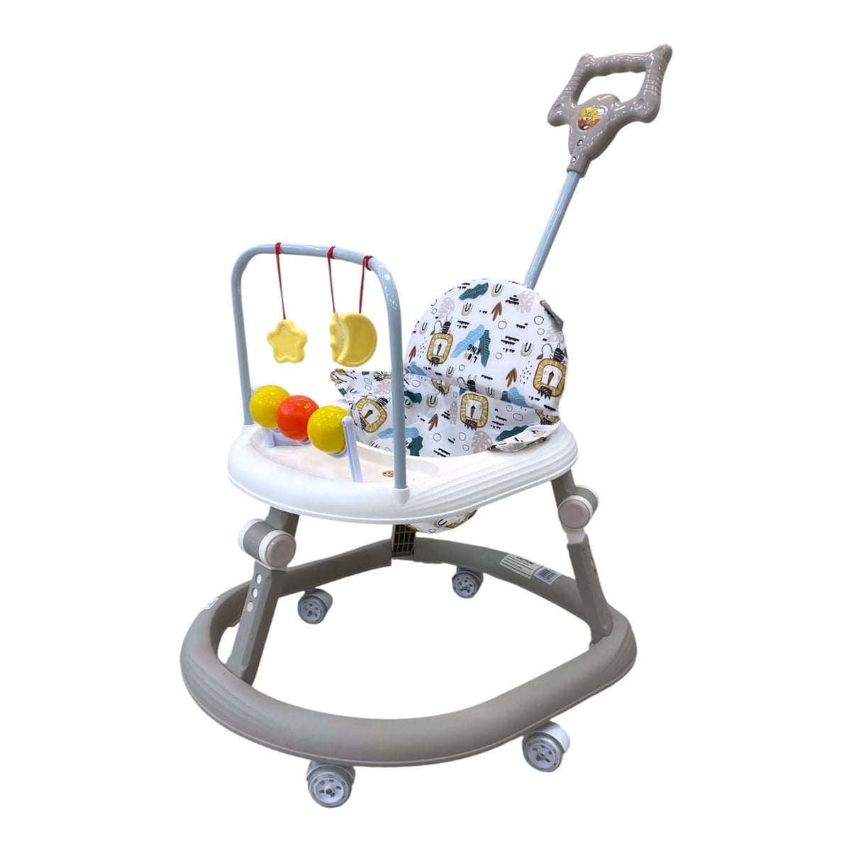Andadera para bebés Acüchichi con mango de empuje, asiento estampado, bandeja de actividades y ruedas resistentes.