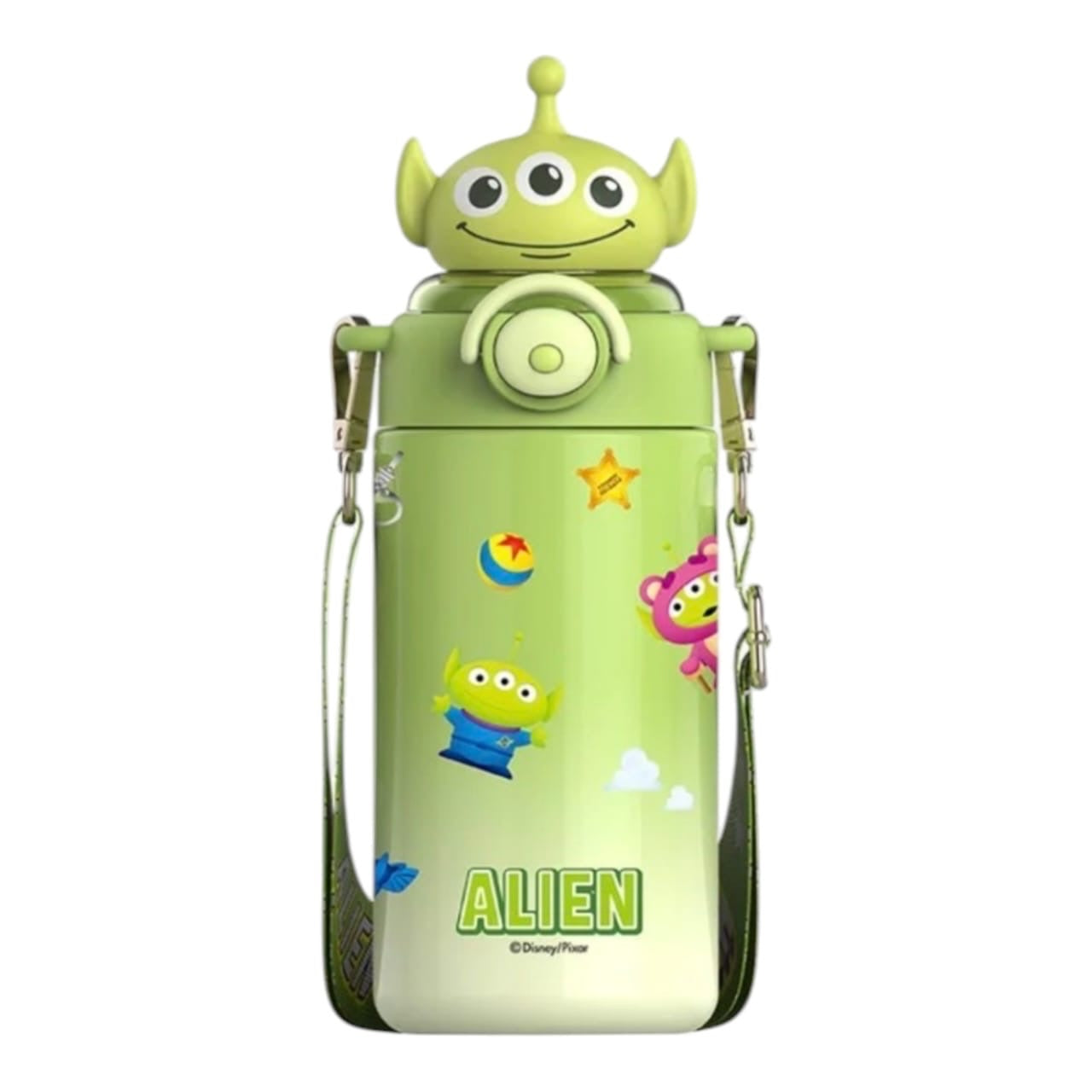 Botella de agua Acüchichi de Toy Story color verde con tapa 3D de Alien y correa ajustable para niños