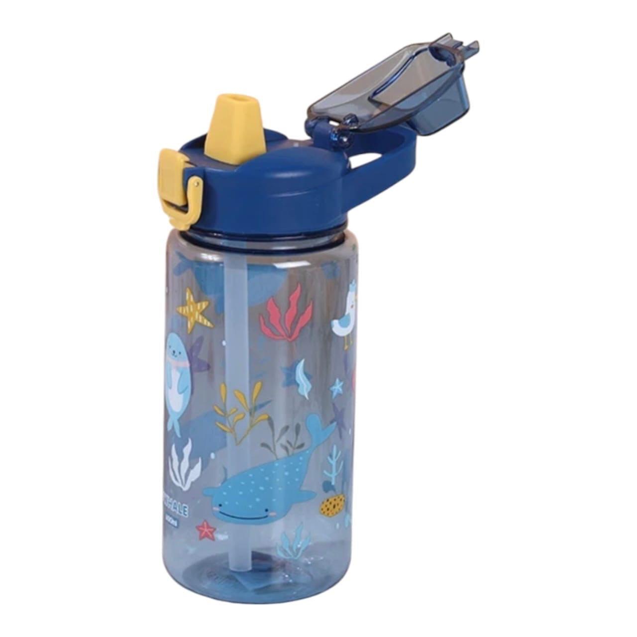 Botella de agua infantil Acüchichi de 600 ml, azul transparente con diseño de criaturas marinas y pitillo integrado.