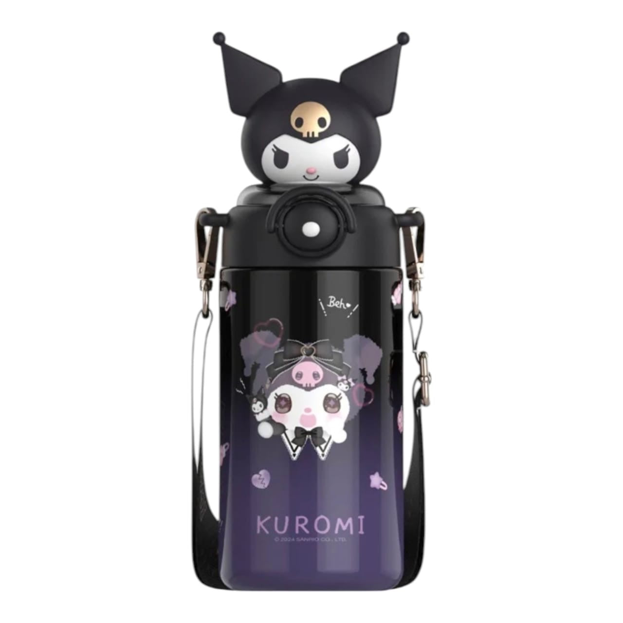 Botella de agua Acüchichi de Kuromi con acabado degradado morado, tapa con figura 3D y correa ajustable para transporte.