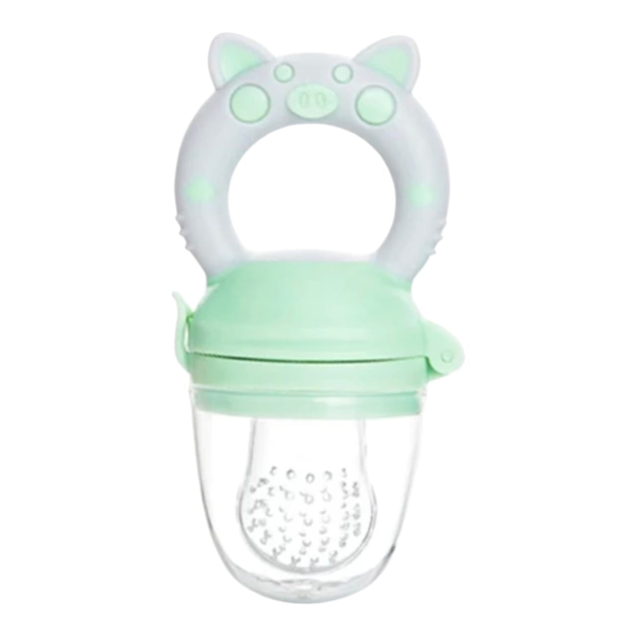 Chupón alimentador de frutas Acüchichi de silicona verde con diseño ergonómico de cerdito para bebés.