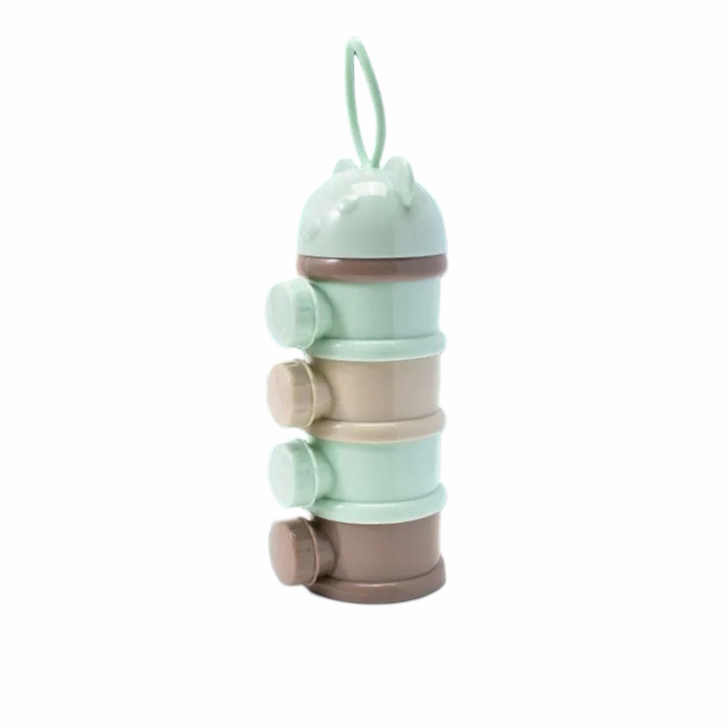 Dispensador de leche y snacks Acüchichi de 4 niveles apilables en tonos verde menta y marrón con diseño de osito.