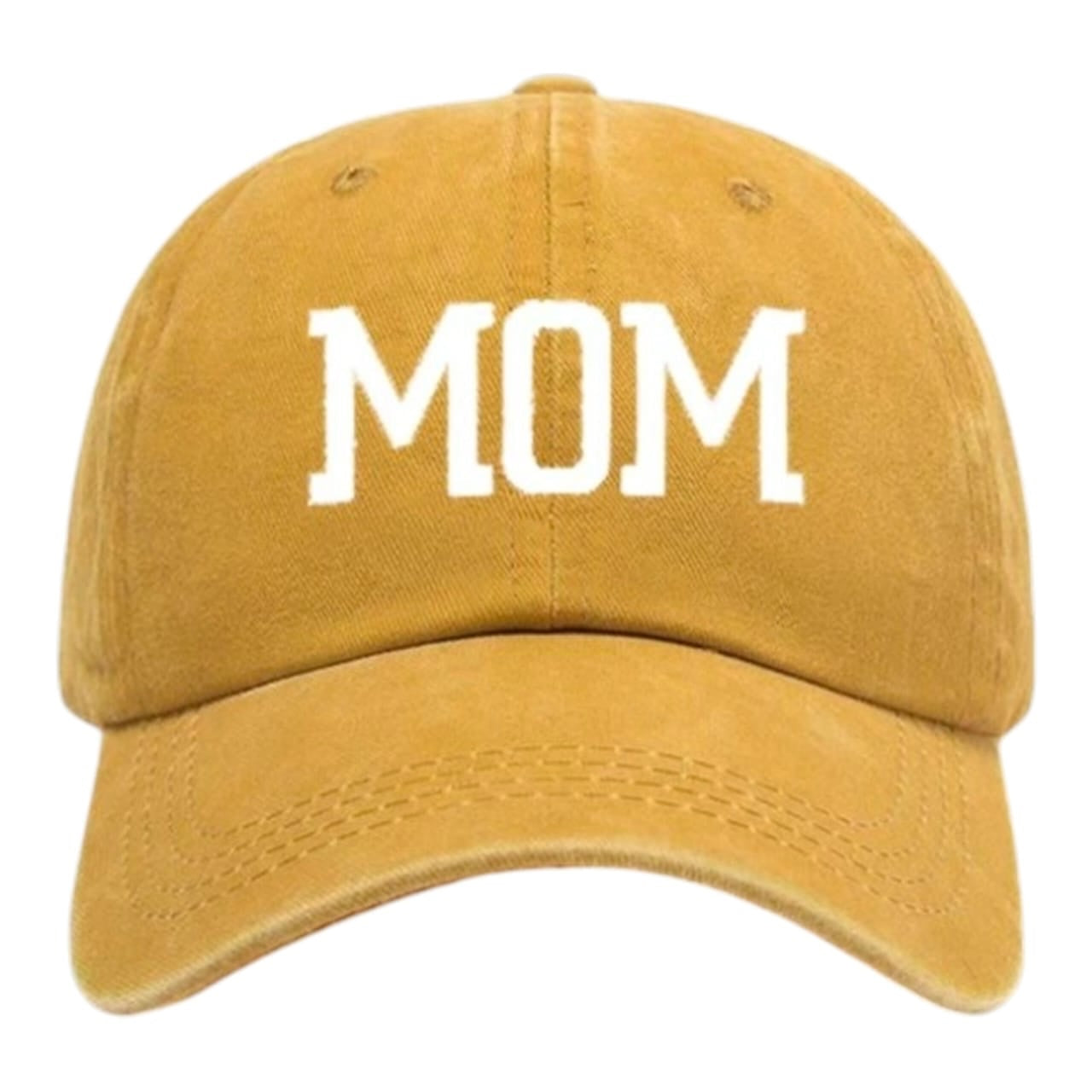 Gorra Acüchichi estilo dad hat color mostaza con efecto vintage y bordado blanco MOM en algodón suave
