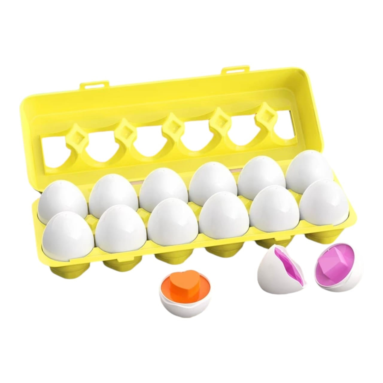 Juego educativo Acüchichi de huevos didácticos con formas geométricas y colores en huevera amarilla de plástico