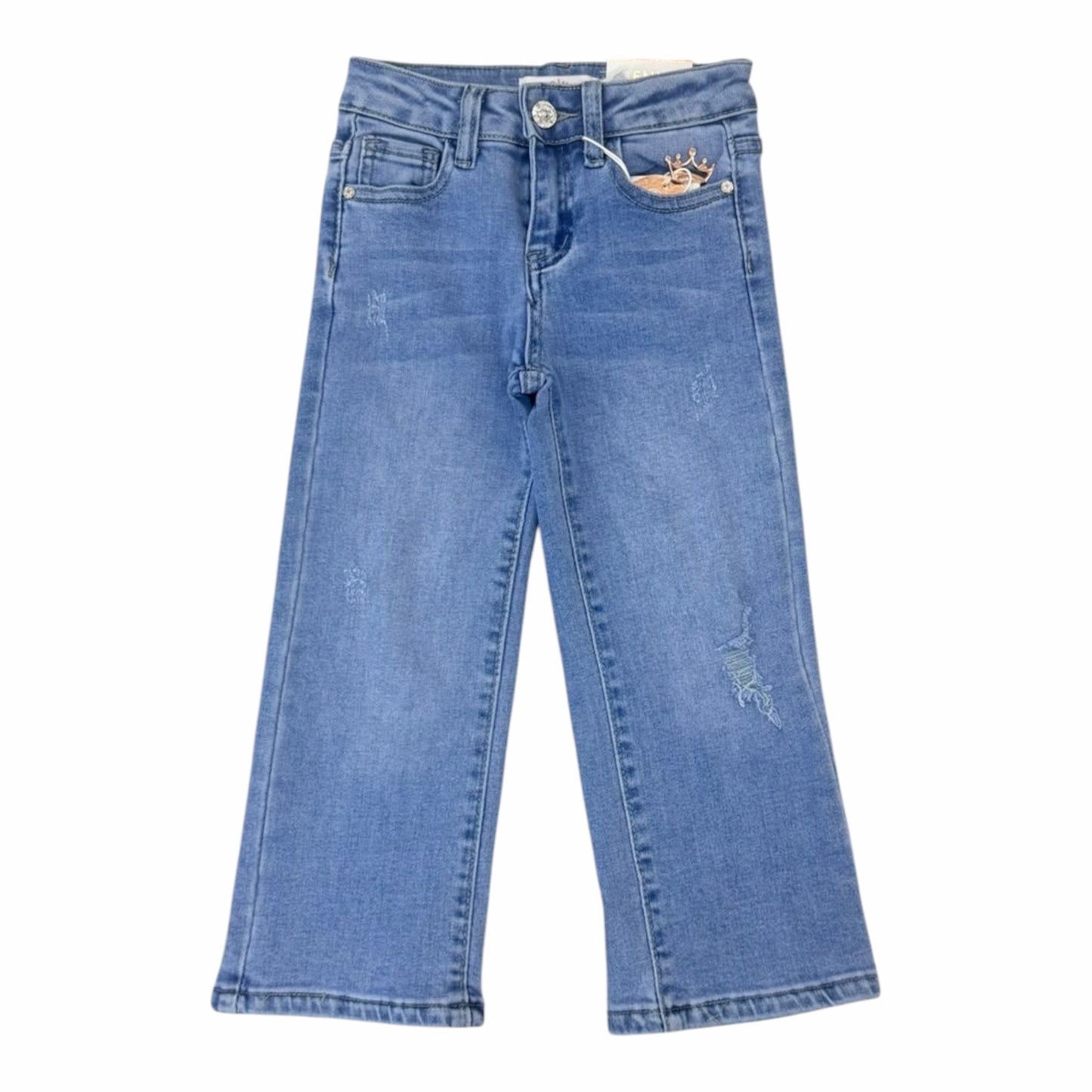 Pantalones de mezclilla Acüchichi para niñas, corte recto en azul claro con detalles desgastados y cierre de botón.