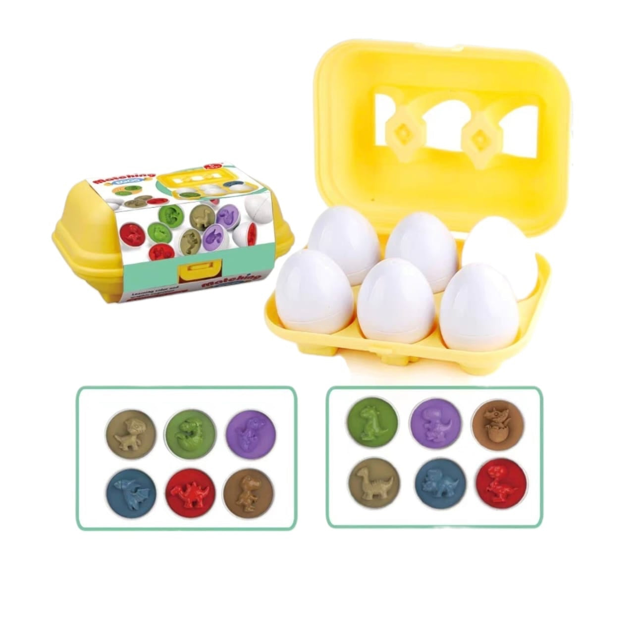 Juego educativo Acüchichi de huevos blancos con figuras de dinosaurios de colores para emparejar en caja amarilla