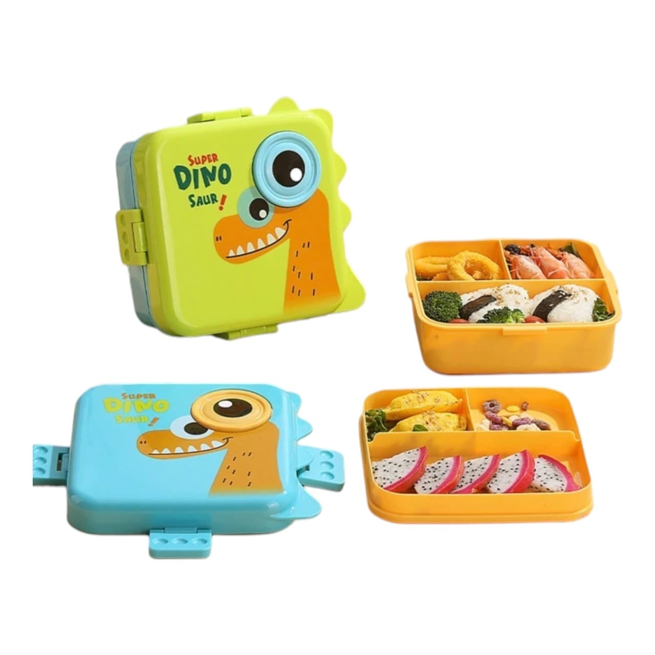 Lonchera infantil Acüchichi con diseño de dinosaurio, compartimentos internos y cierres seguros en colores verde y azul.