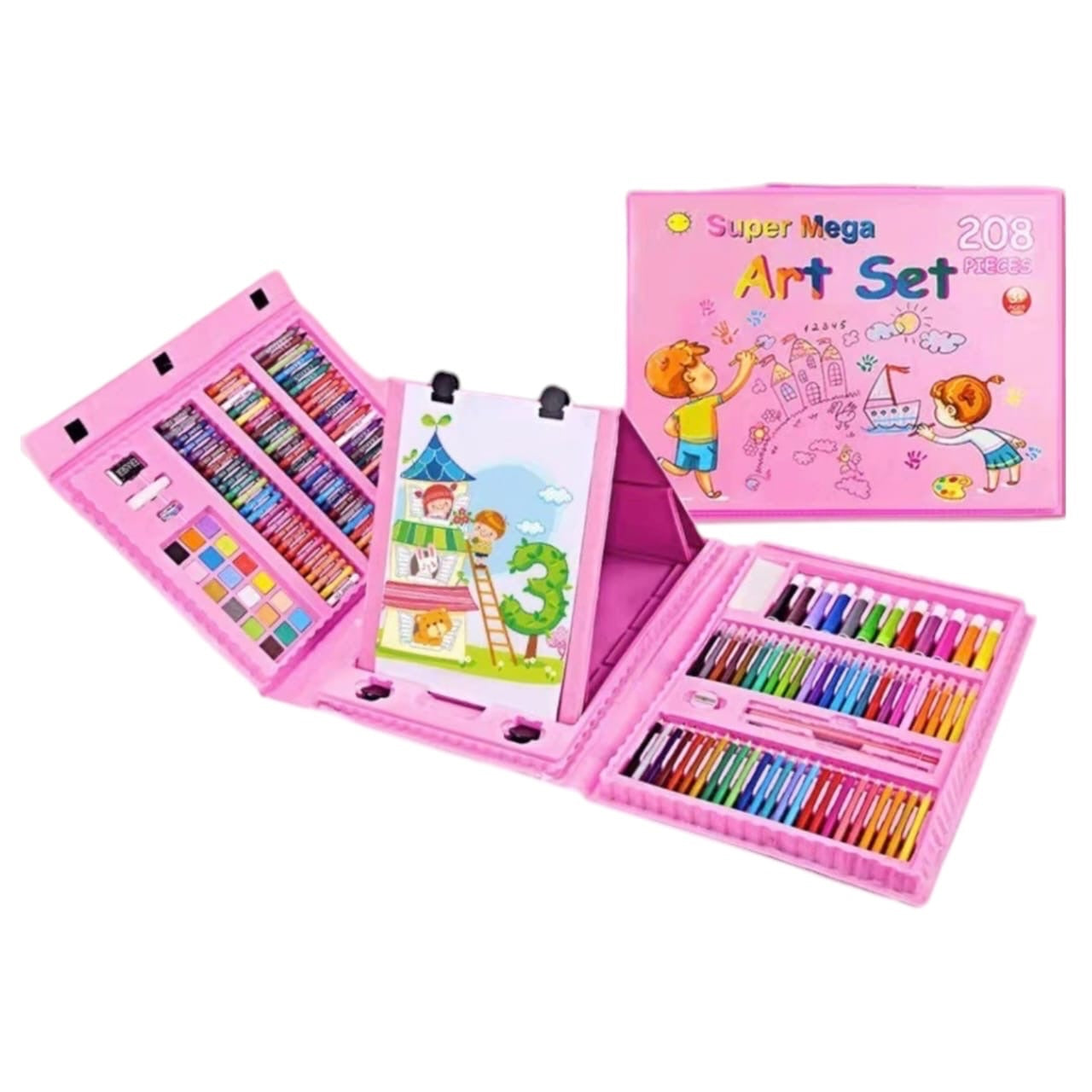 Maletín de arte Acüchichi de 208 piezas color rosa con caballete plegable, lápices, crayones y acuarelas para niños.