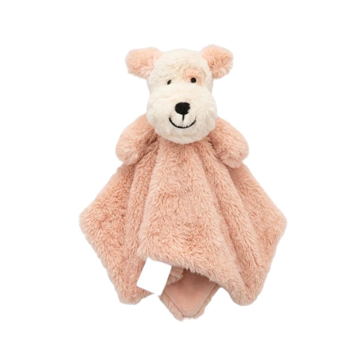 Manta de apego Acüchichi con peluche de perrito en color rosa y crema, hecha de felpa ultra suave para bebés.