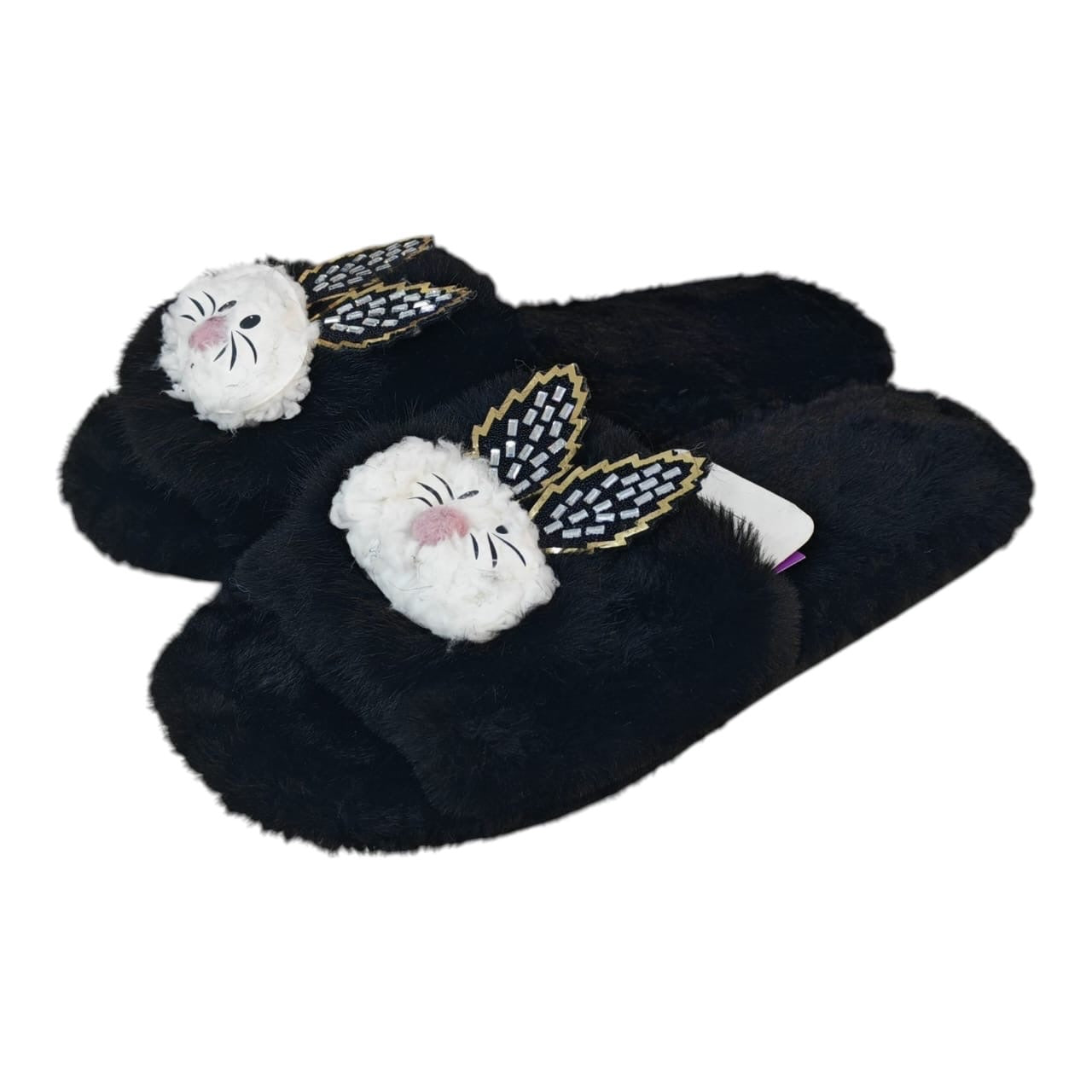Pantuflas Acüchichi de peluche negro con diseño de conejito blanco y orejas decorativas para descanso en casa