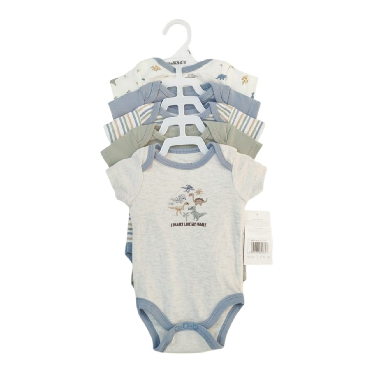 Set de bodies Acüchichi para bebé con estampados de dinosaurios en tonos tierra, azul y gris, manga corta y broches.