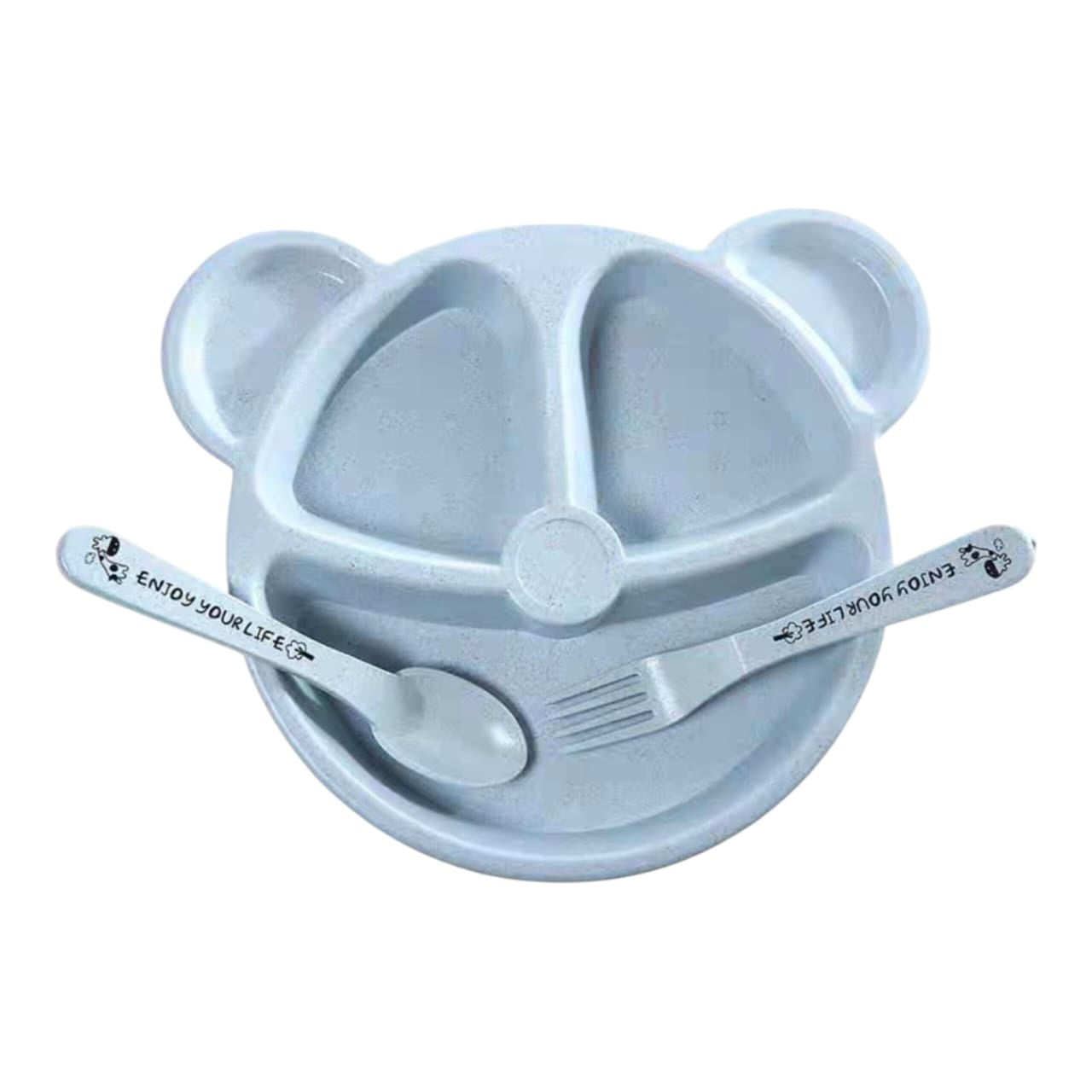 Set de vajilla infantil Acüchichi con plato dividido en forma de osito azul y cubiertos ergonómicos a juego.