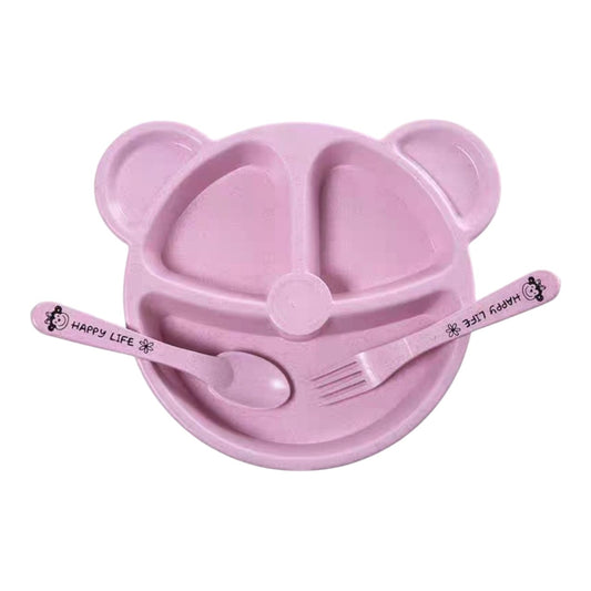 Set de vajilla infantil Acüchichi color rosa con plato dividido en forma de osito, cuchara y tenedor ergonómicos.
