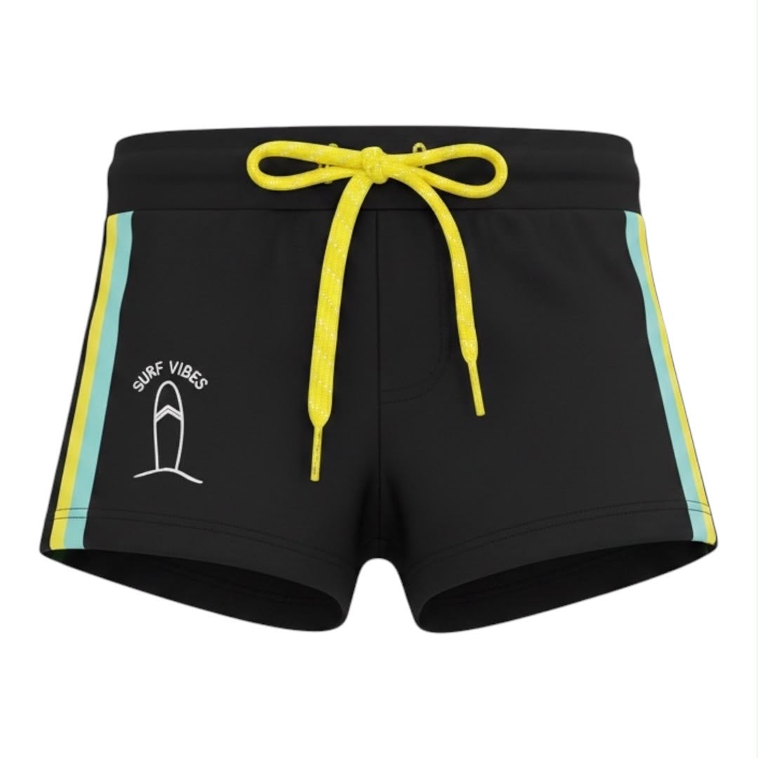 Short de baño Acüchichi negro para niños con franjas laterales turquesa, amarillo y cordón neón con estampado Surf Vibes