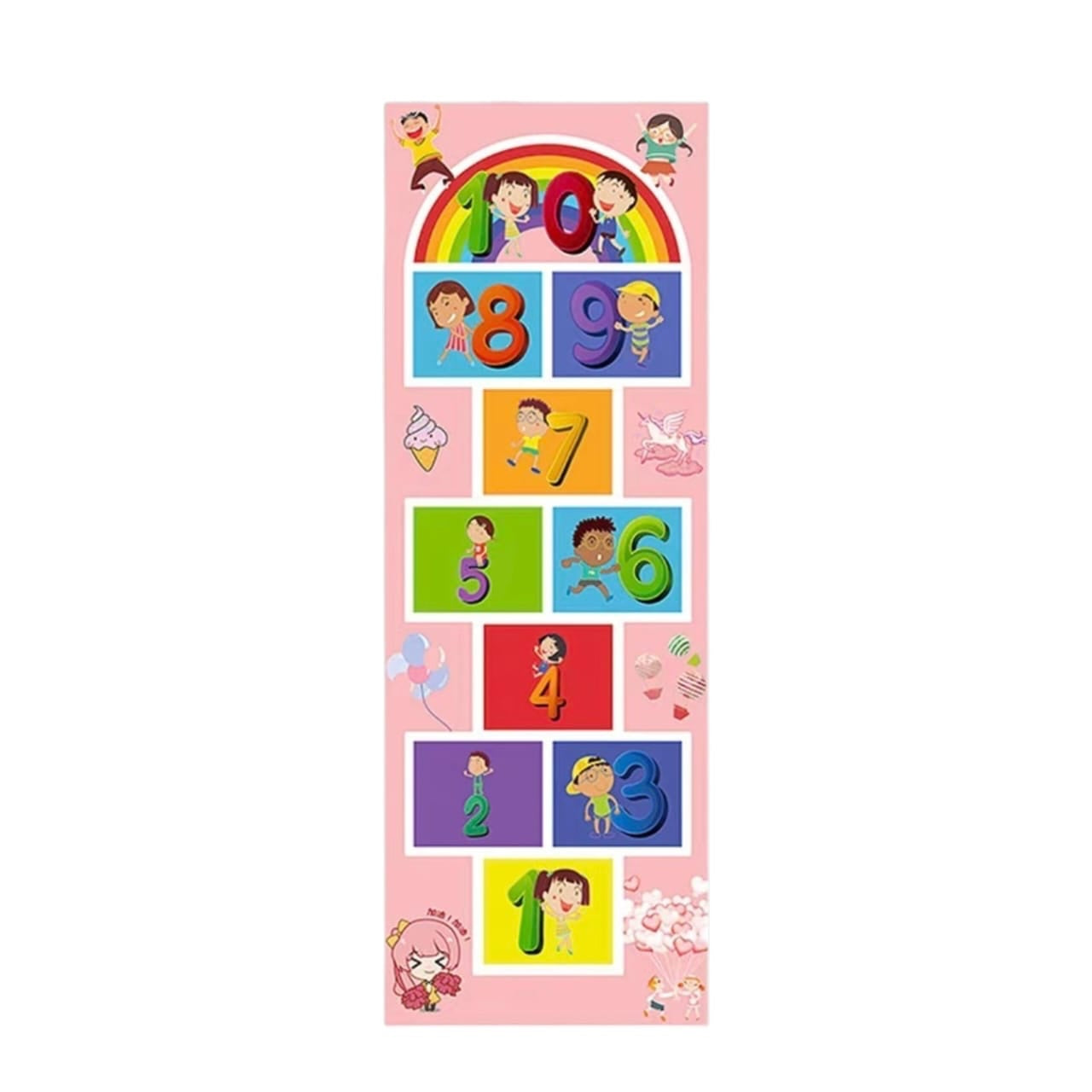 Tapete de rayuela Acüchichi rosa con números coloridos e ilustraciones infantiles para juegos de motricidad en casa.