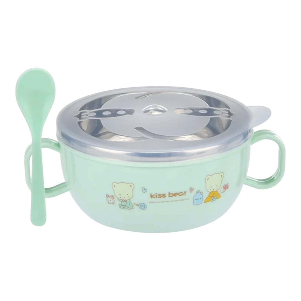 Tazón infantil Acüchichi de acero inoxidable color verde menta con tapa, cuchara y diseño de ositos para bebés.