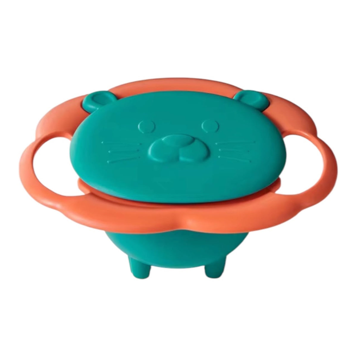 Tazón infantil Acüchichi con diseño de león en color verde y naranja, incluye asas laterales y tapa protectora.