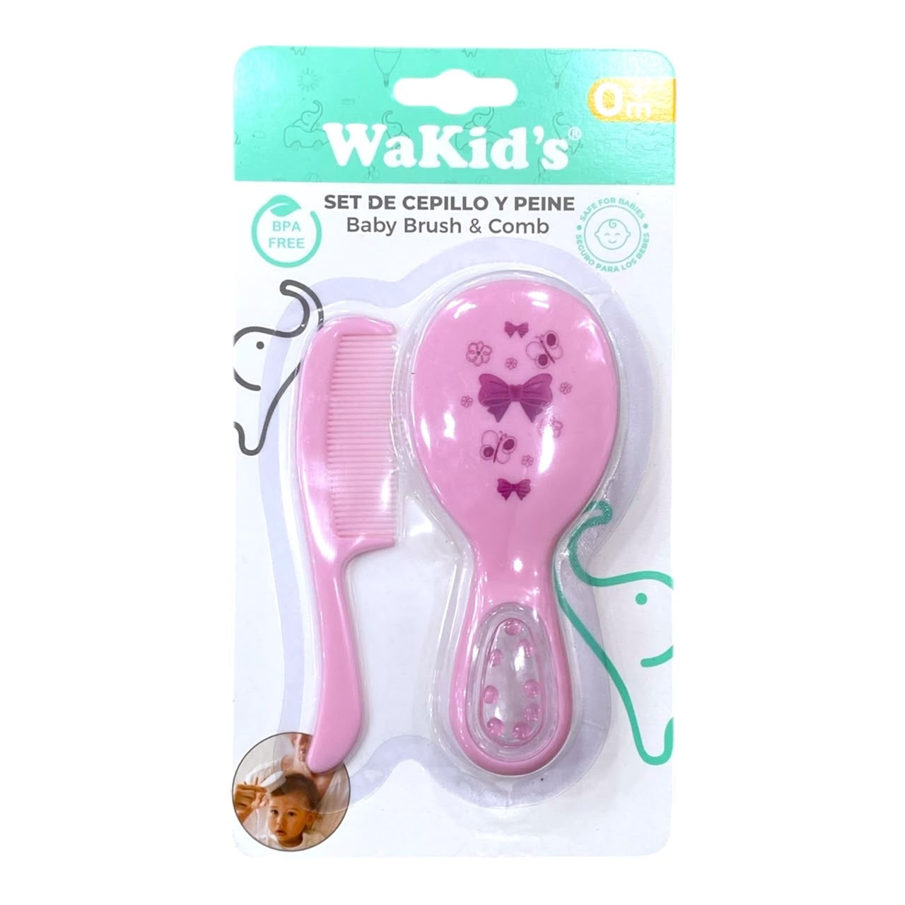 Set de cepillo y peine rosa Acüchichi WaKid's con estampado de mariposas y lazos, libre de BPA para bebés.
