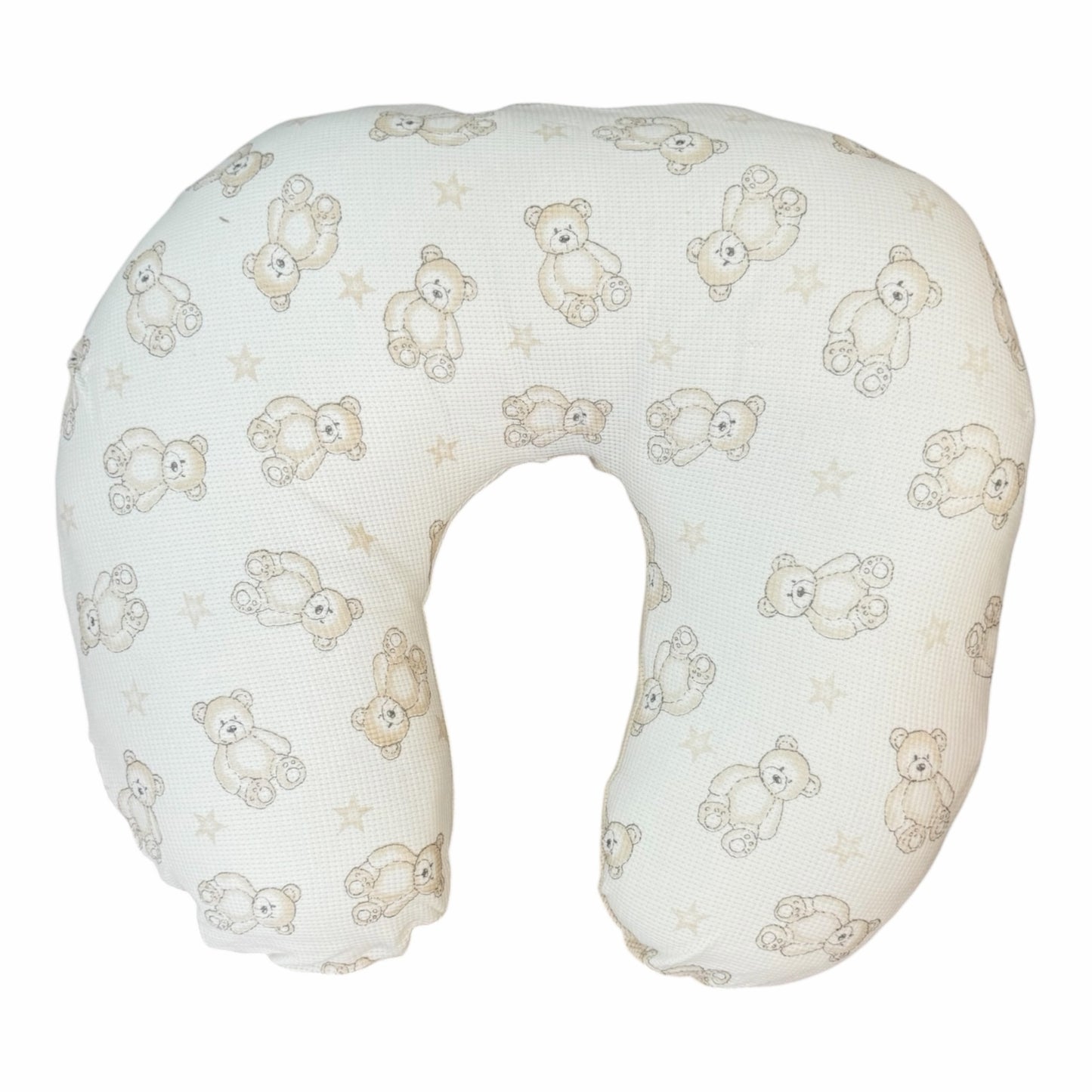 Almohada de lactancia Acüchichi en forma de U, color crema con estampado de ositos y estrellas para bebés.