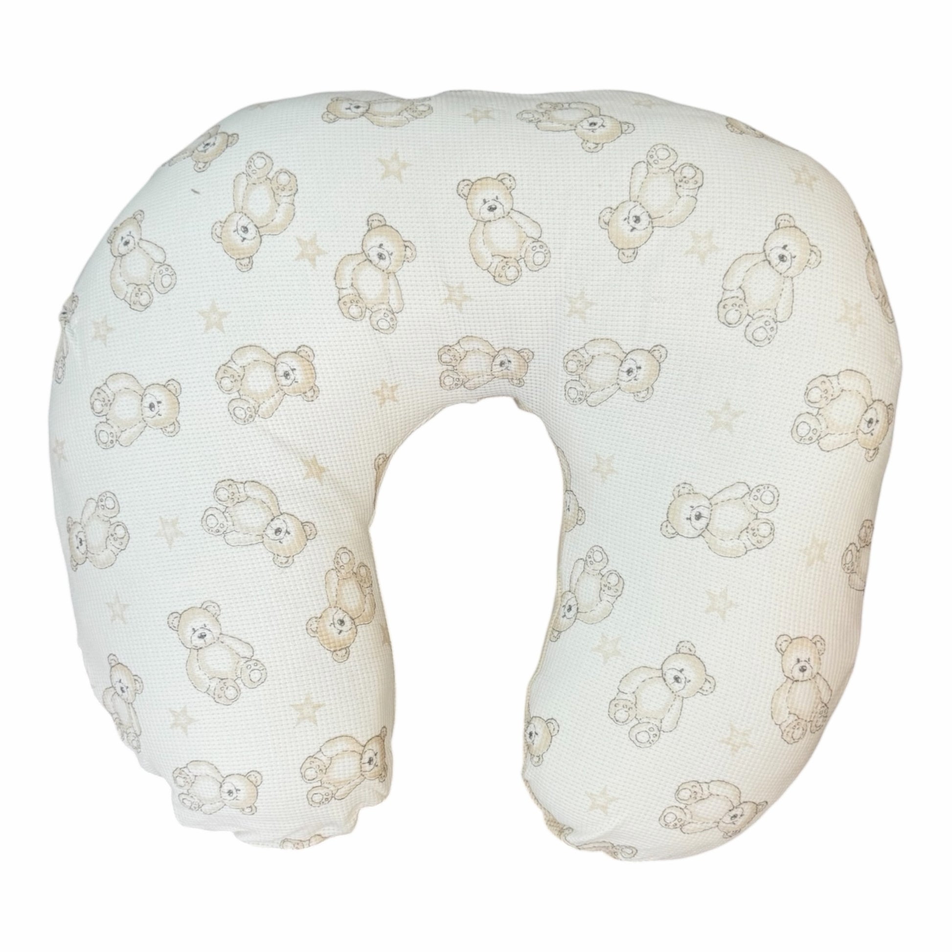 Almohada de lactancia Acüchichi en forma de U, color crema con estampado de ositos y estrellas para bebés.