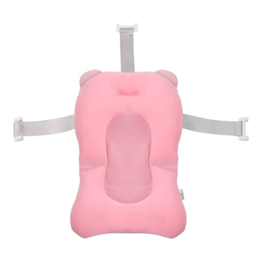 Almohadilla de soporte para baño de bebé Acüchichi en color rosa con diseño ergonómico y correas ajustables de seguridad