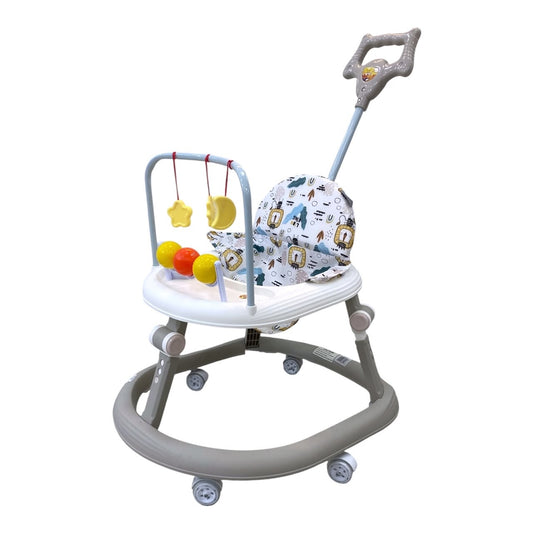 Andadera para bebés Acüchichi con mango de empuje, asiento estampado, bandeja de actividades y ruedas resistentes.