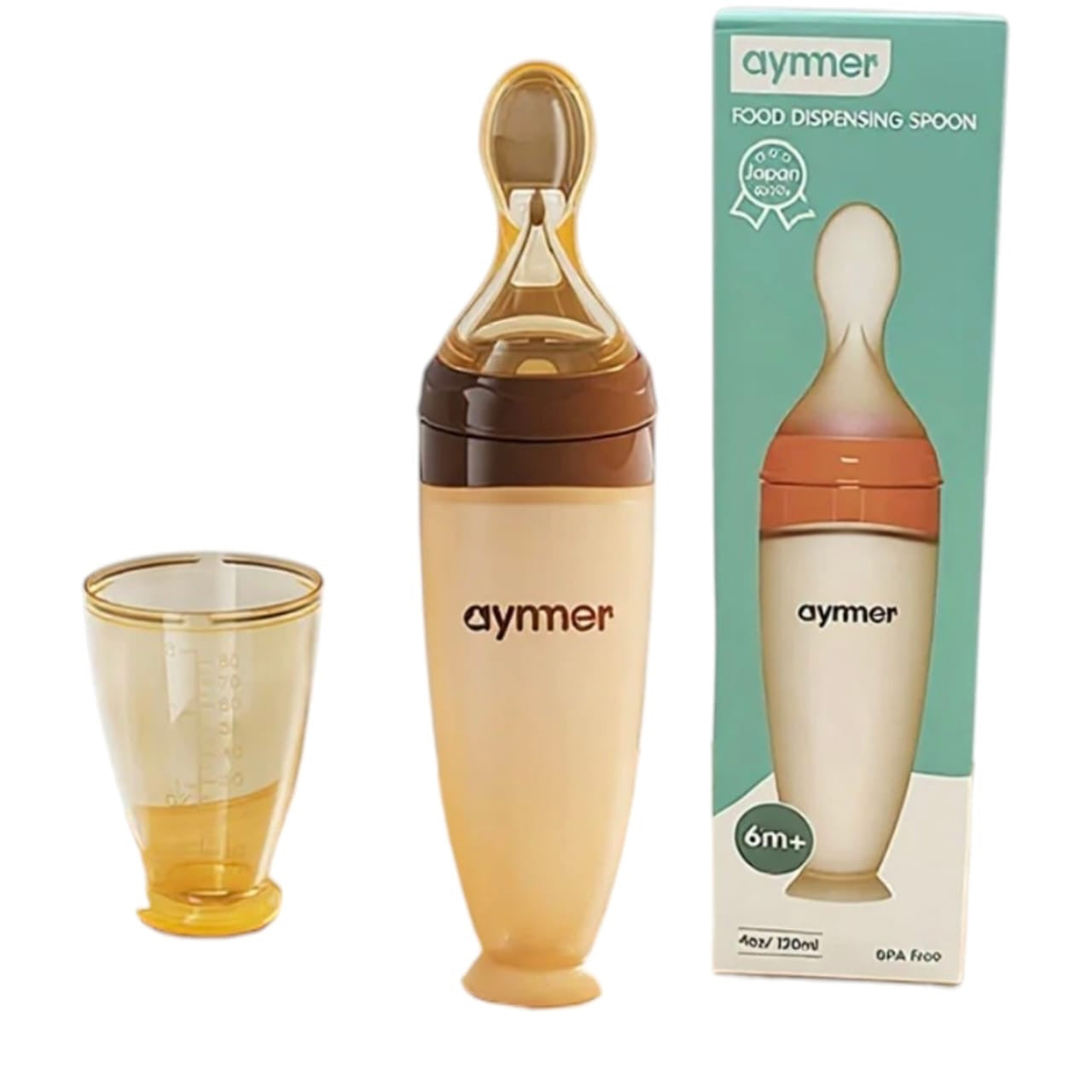 Cuchara dispensadora de alimentos Acüchichi aymer de silicona color beige y marrón con vaso medidor y caja original