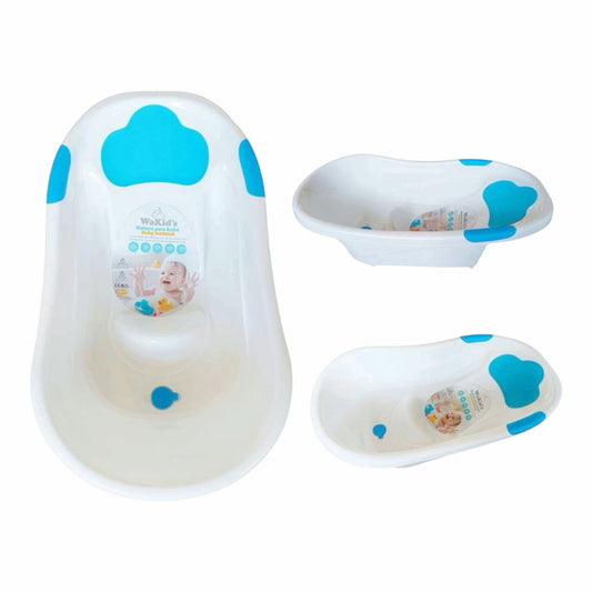 Bañera ergonómica para bebés Acüchichi WaKid's en color blanco con detalles azules, diseño seguro y fácil de limpiar.