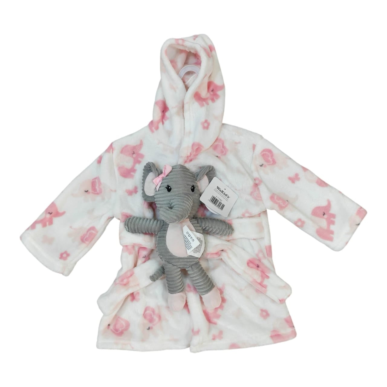Bata de baño Acüchichi blanca con estampado de elefantes rosados, capucha y peluche de elefante a juego para bebé.