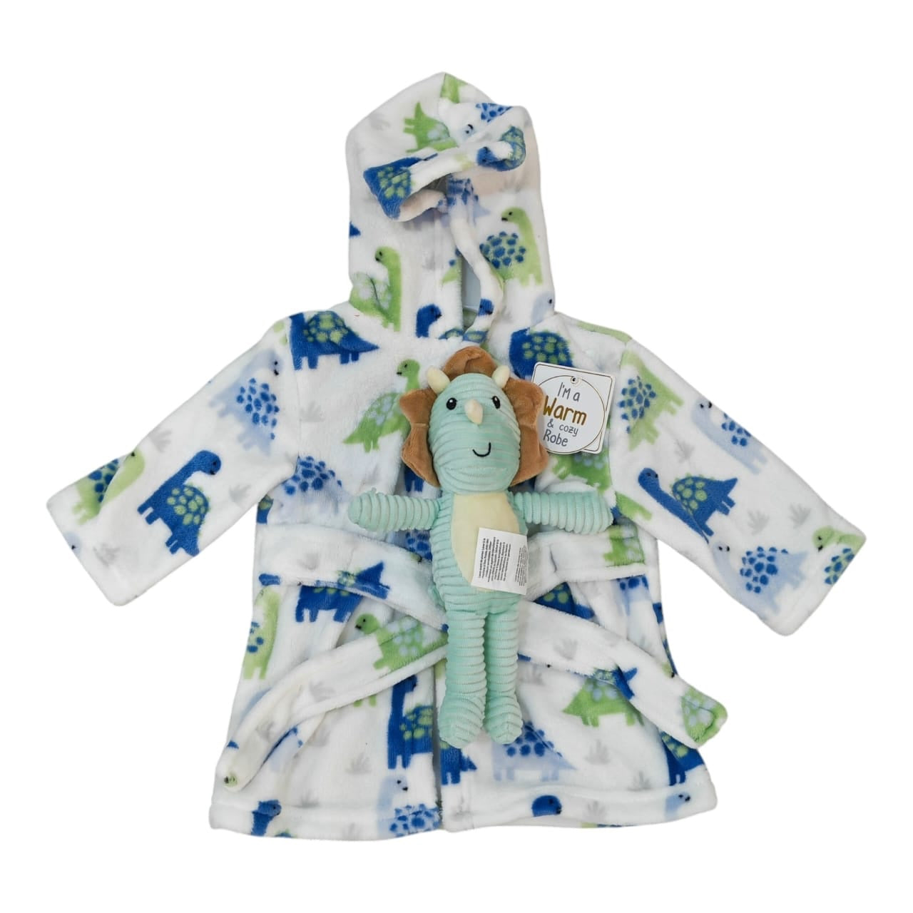 Bata de baño Acüchichi para bebé con capucha, estampado de dinosaurios azules y verdes, incluye peluche a juego.