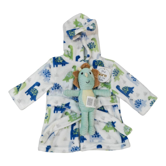 Bata de baño Acüchichi para bebé con capucha, estampado de dinosaurios azules y verdes, incluye peluche a juego.