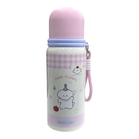 Botella de agua Acüchichi de acero inoxidable con diseño de perrito, colores pastel, tapa rosa y correa de transporte.