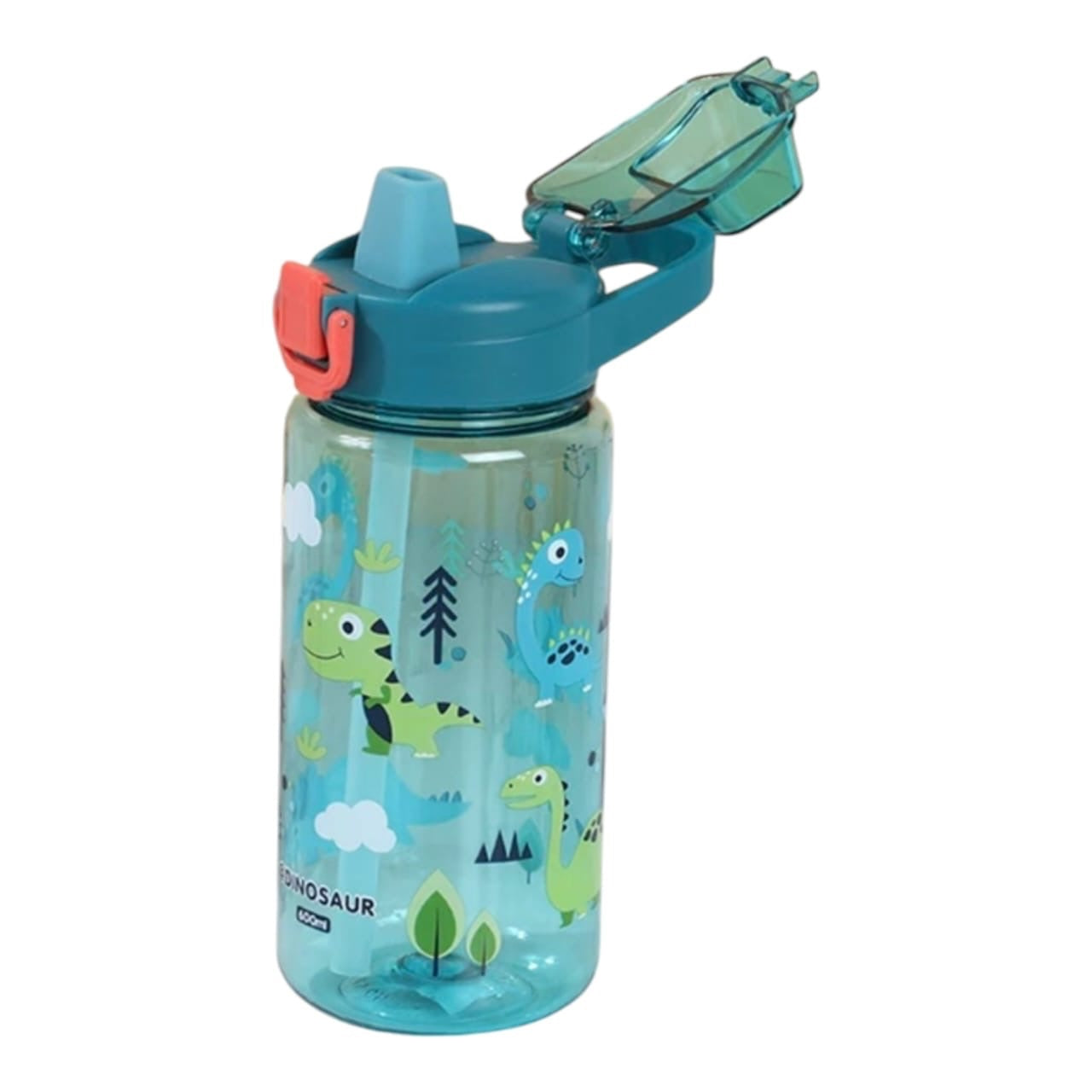 Botella de agua infantil Acüchichi de 600 ml color azul con estampado de dinosaurios, pitillo y tapa abatible segura.