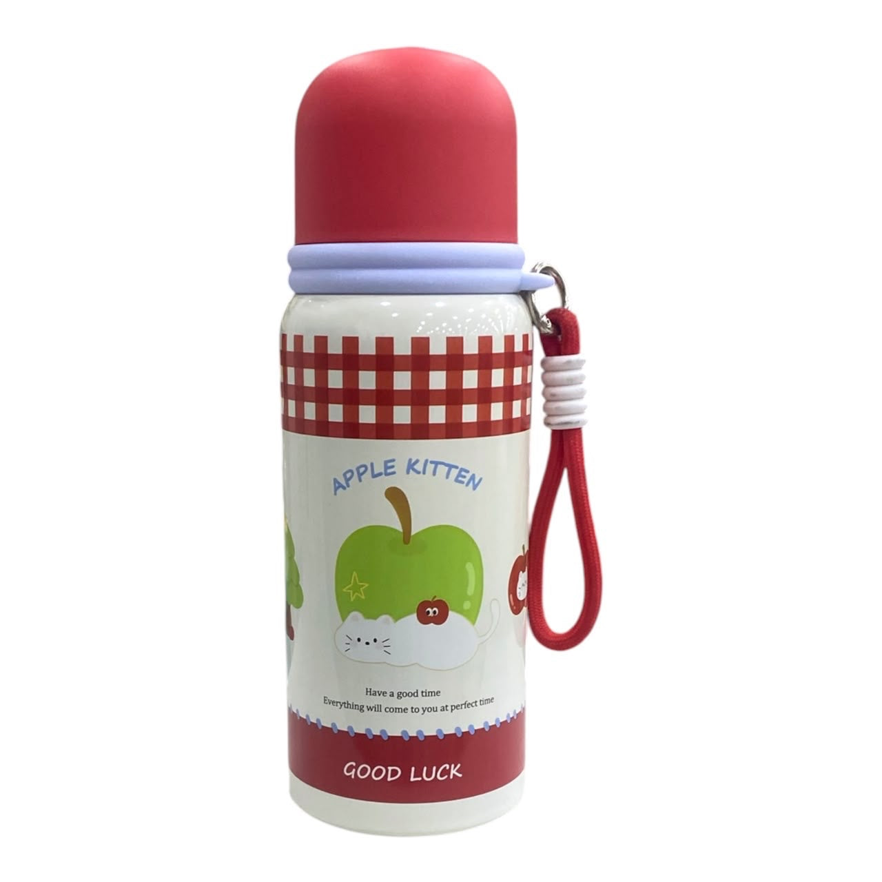 Botella de agua Acüchichi con diseño de gatito, manzanas y patrón de cuadros rojos, incluye tapa y correa de transporte