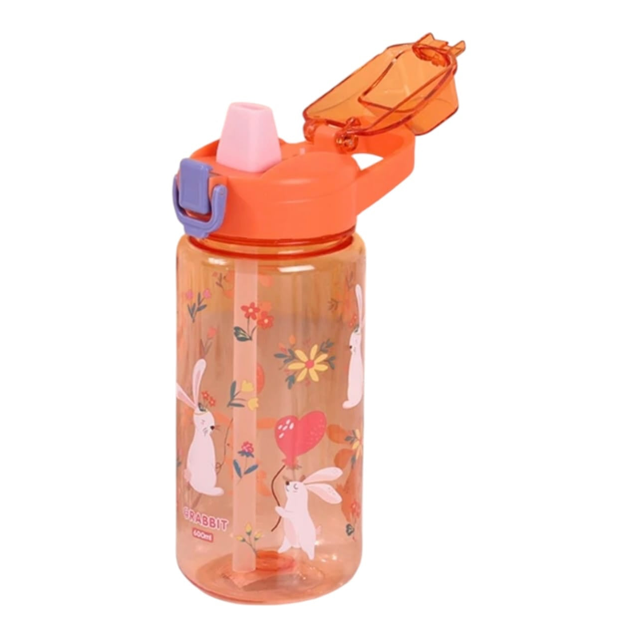 Botella de agua infantil Acüchichi de 600 ml color naranja con estampado de conejitos, tapa abatible y pitillo integrado