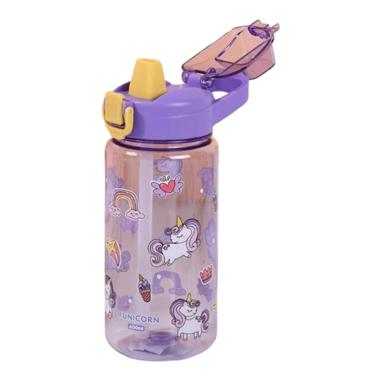 Botella de agua infantil Acüchichi de 600ml color morado con diseño de unicornios, tapa abatible y pitillo integrado.