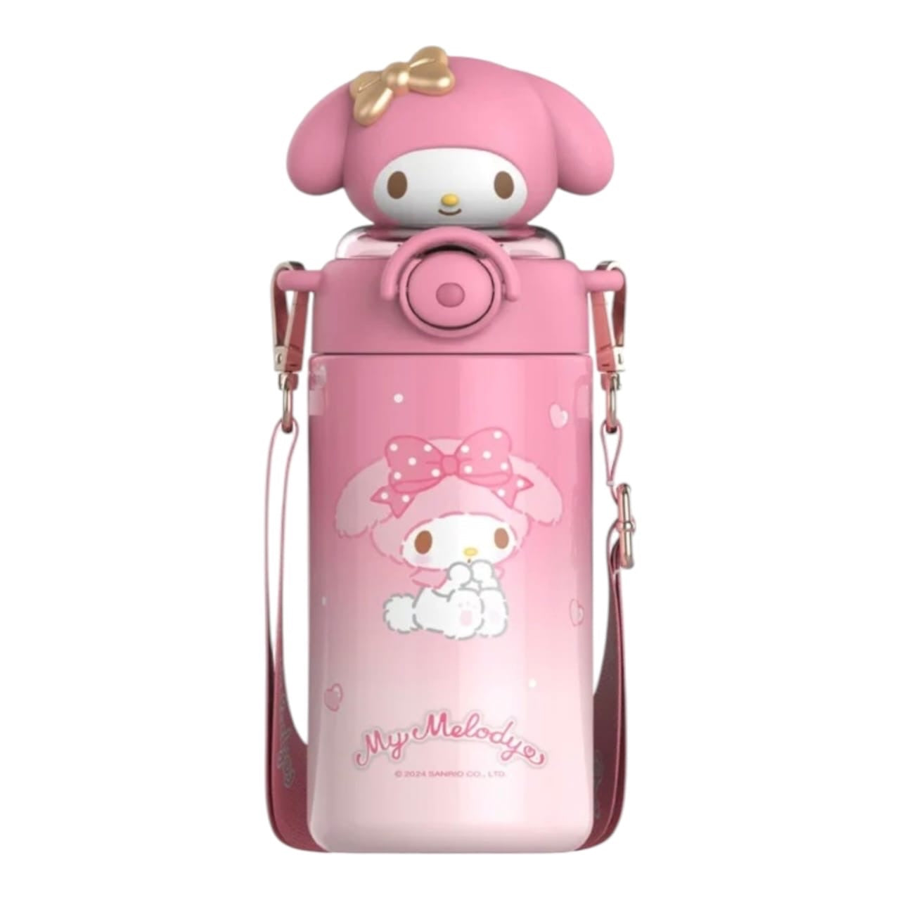 Botella de agua Acüchichi color rosa con diseño de My Melody, tapa 3D y correa ajustable para transporte cómodo.