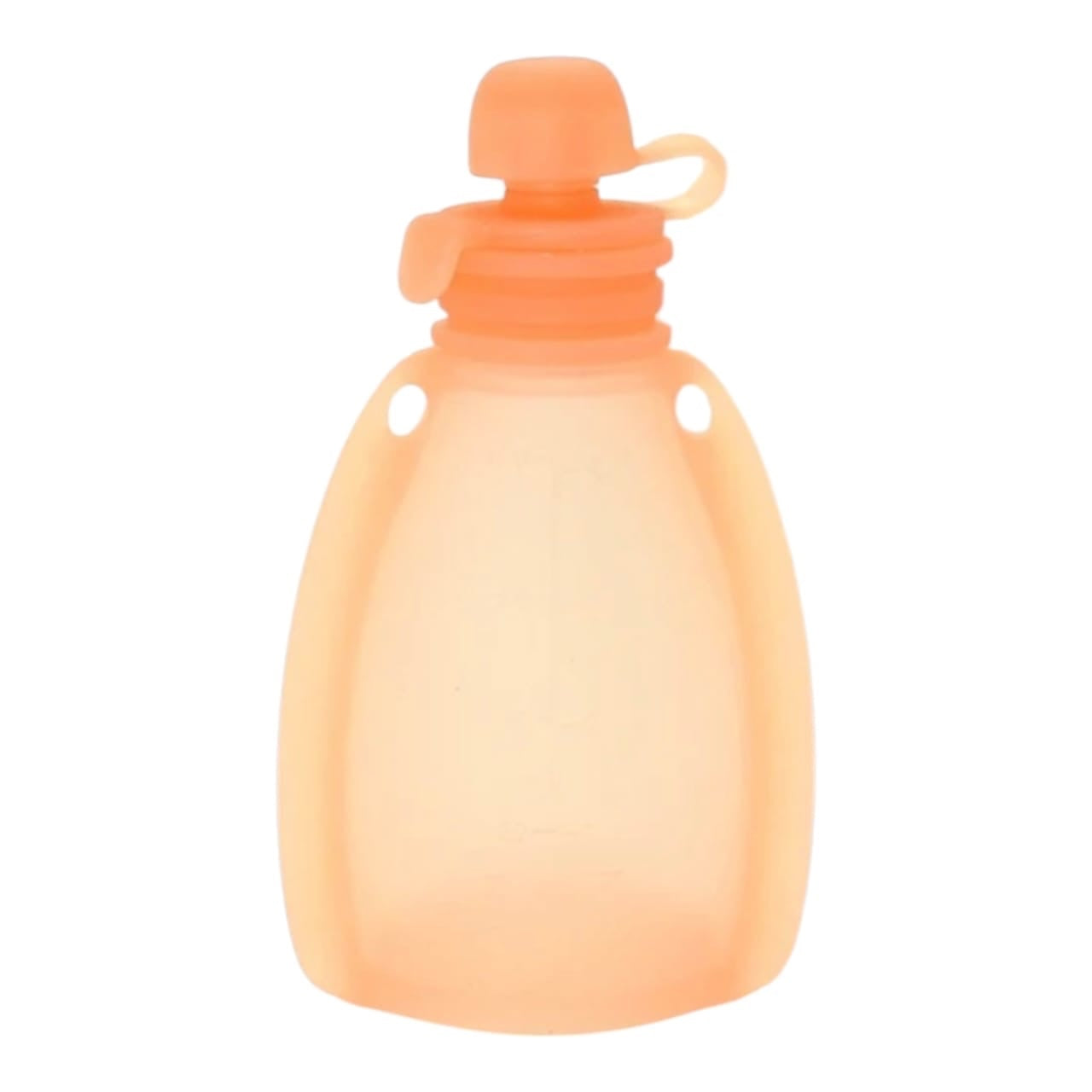 Botella de silicona Acüchichi color naranja traslúcido, flexible, portátil y con tapa hermética para viajes.