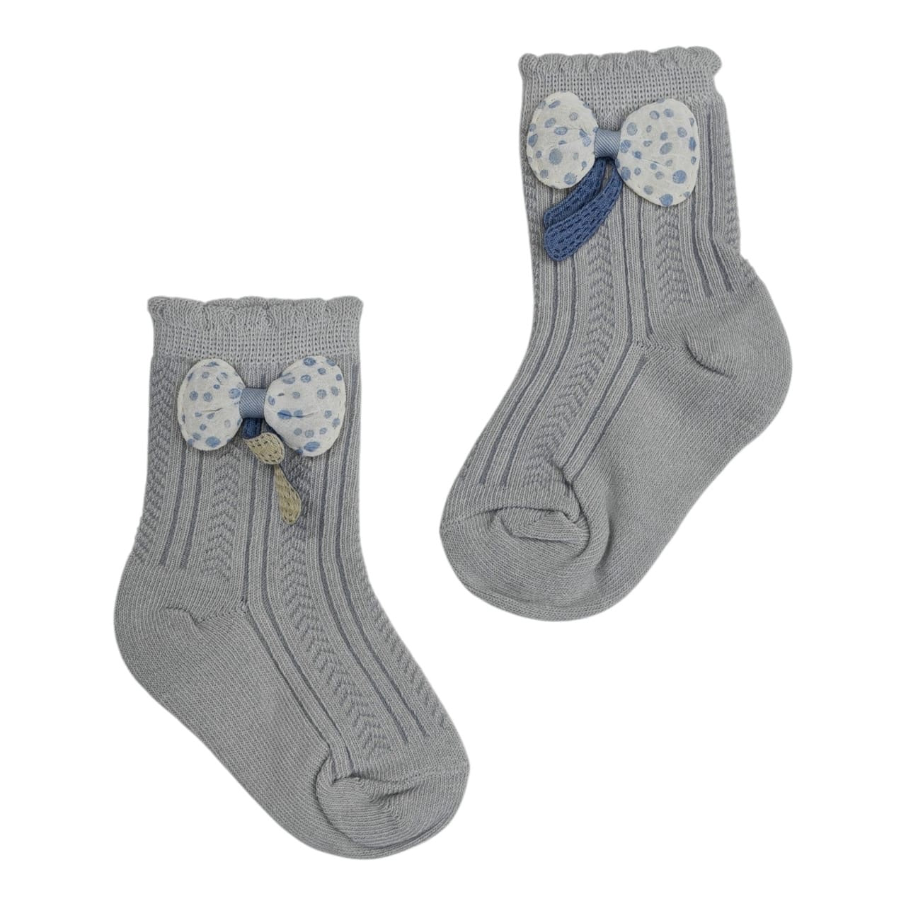 Calcetines de algodón gris Acüchichi para bebé con tejido acanalado y lazo decorativo estampado de puntos