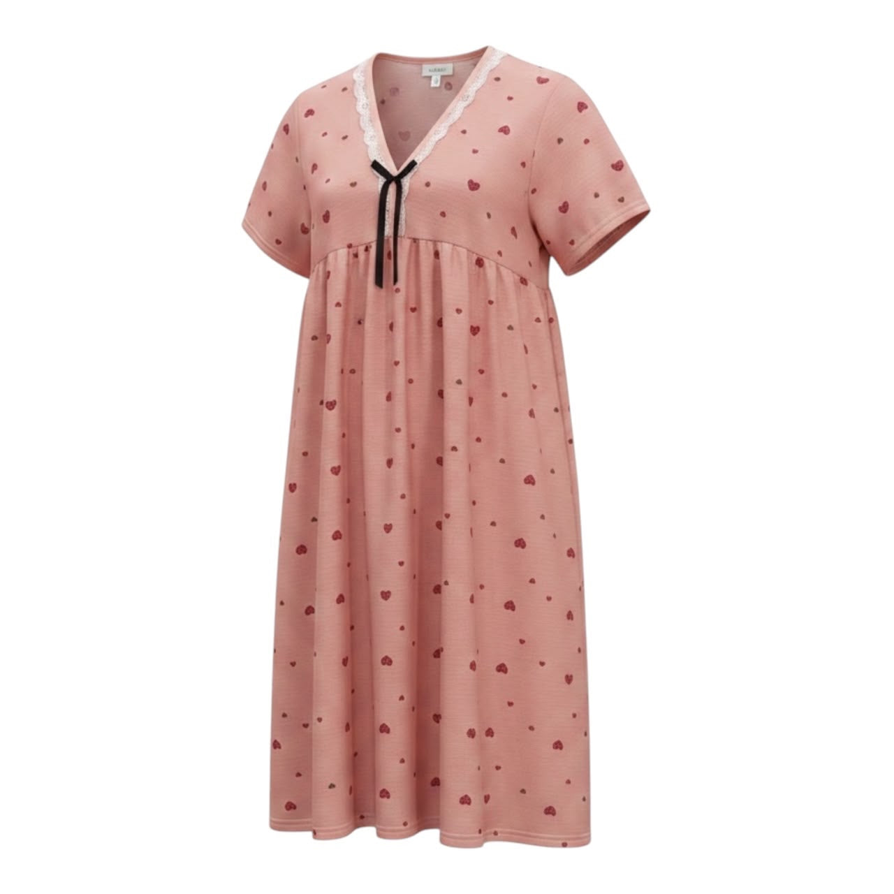 Camisón Acüchichi rosa con estampado de corazones pequeños, cuello en V con encaje blanco y lazo decorativo negro
