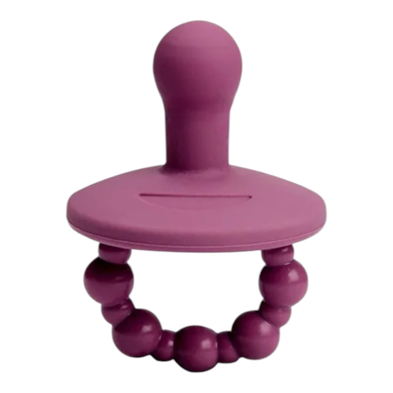 Chupete mordedor Acüchichi de silicona color morado con cuentas texturizadas para aliviar la dentición del bebé.