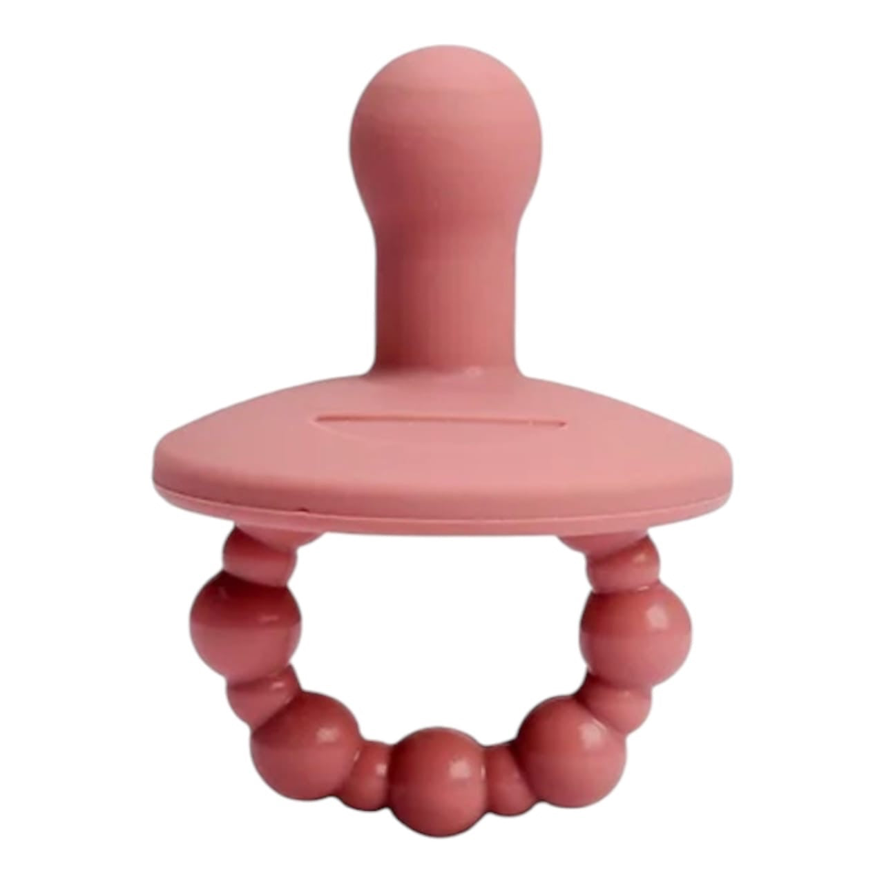 Chupete mordedor Acüchichi de silicona rosa con cuentas texturizadas para aliviar las encías durante la dentición.