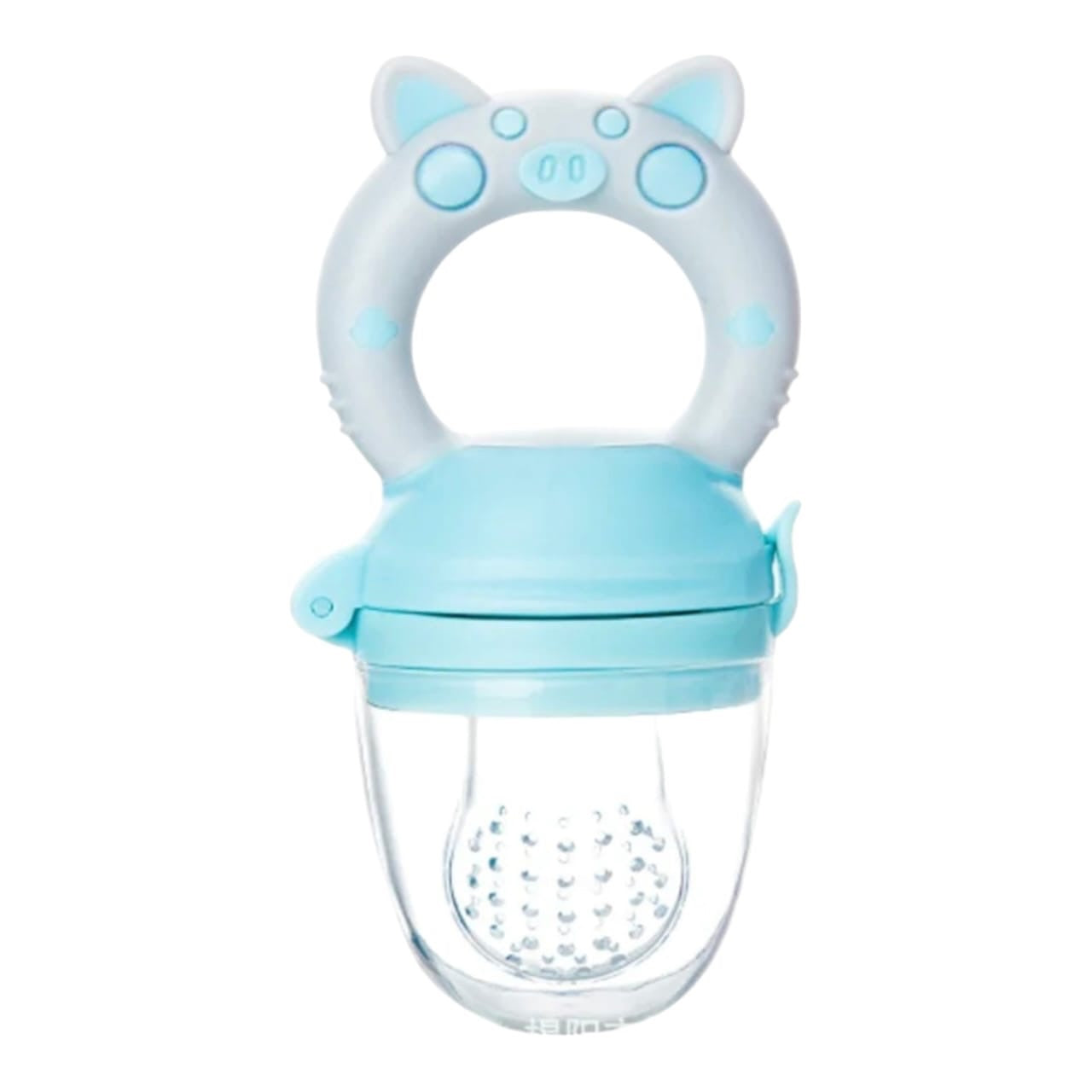 Chupón alimentador de frutas Acüchichi de silicona azul con diseño ergonómico de cerdito para bebés