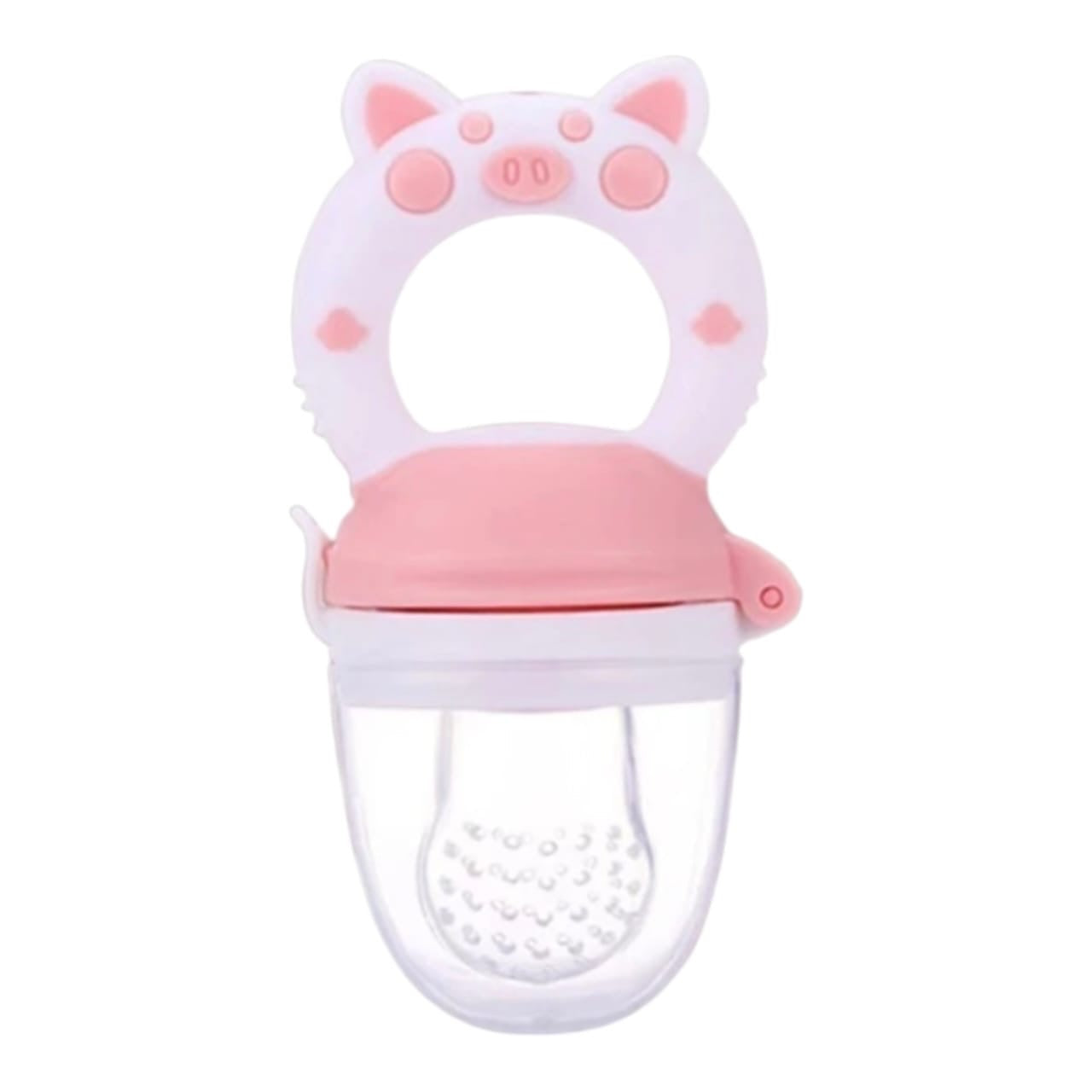 Chupón alimentador de frutas Acüchichi de silicona rosa con diseño ergonómico de cerdito para bebés.