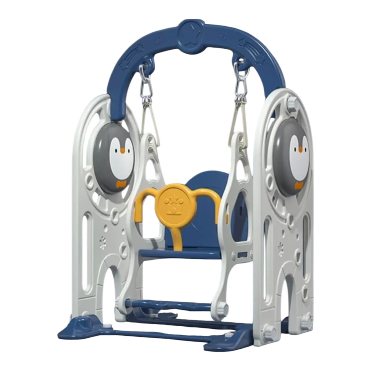 Columpio infantil Acüchichi de plástico con diseño de pingüino, colores azul, blanco y amarillo, con barra de seguridad