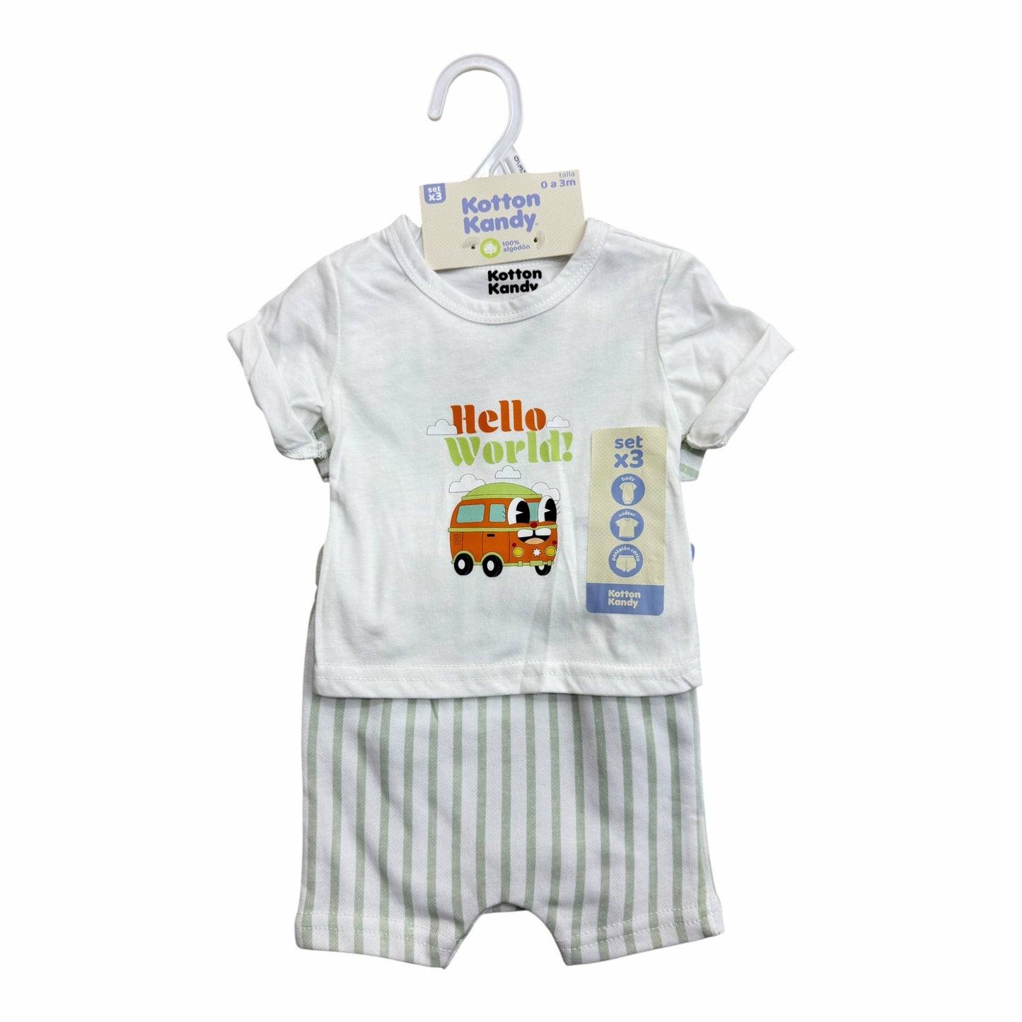 Conjunto de 3 piezas Acüchichi Kotton Kandy de algodón con camiseta blanca estampada y short a rayas verdes para bebé