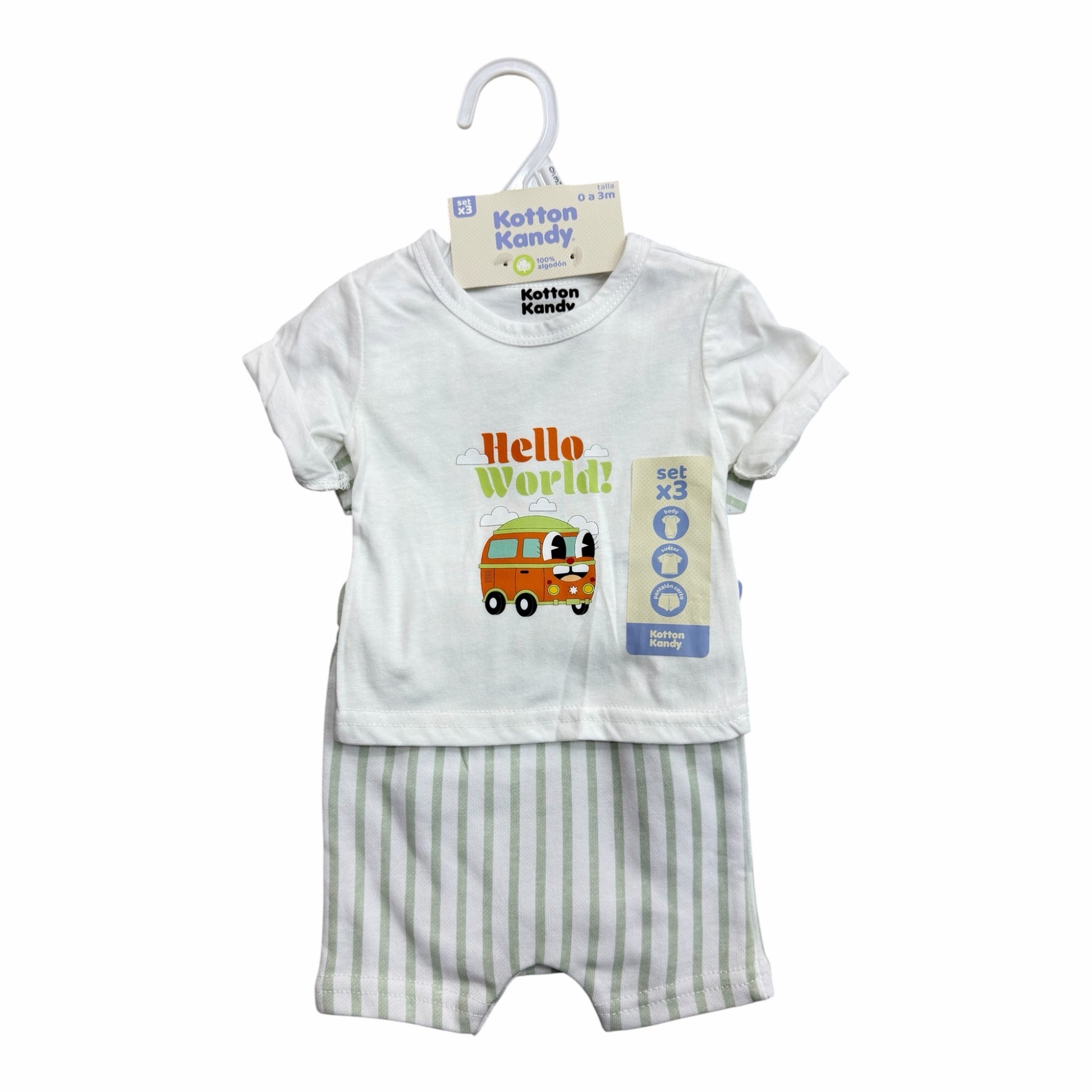 Conjunto de 3 piezas Acüchichi Kotton Kandy de algodón con camiseta blanca estampada y short a rayas verdes para bebé