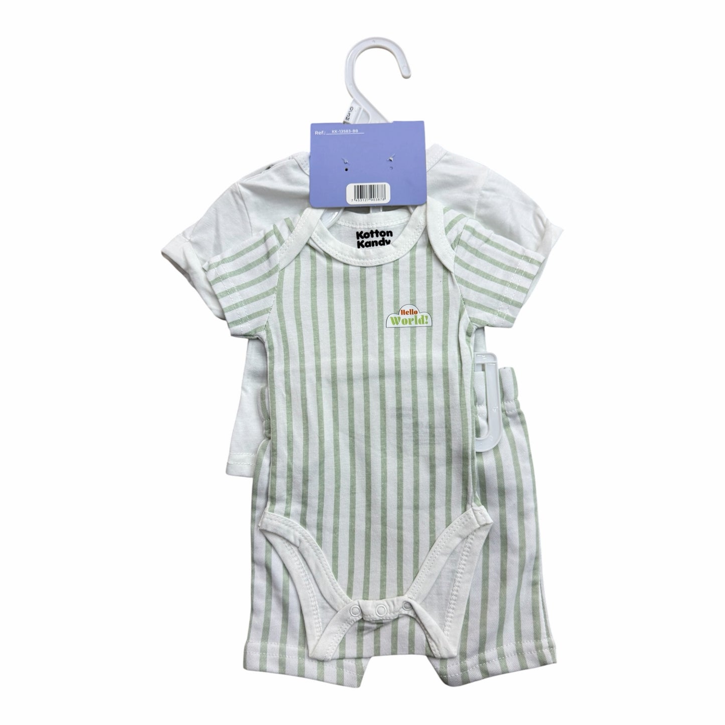Set de 3 piezas Acüchichi Kotton Kandy en algodón, incluye body a rayas verdes y camiseta blanca con estampado Hello World