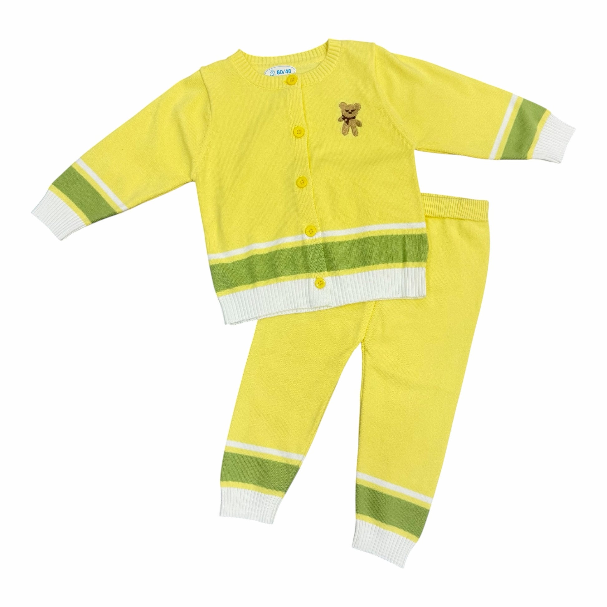 Conjunto de dos piezas Acüchichi amarillo para bebé con cárdigan de punto, bordado de osito y detalles en verde