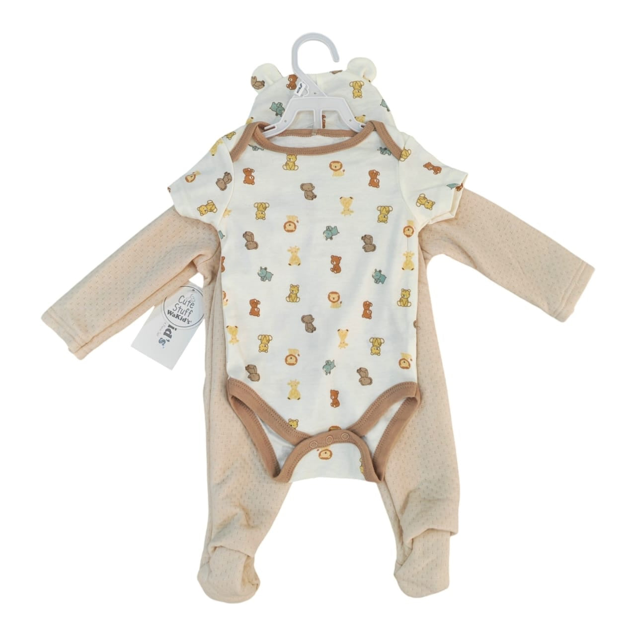 Conjunto Acüchichi de 4 piezas para bebé con body estampado de animales, chaqueta, pantalón con pie y gorro con orejas
